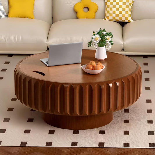 Round Coffee Table with Storage (Brown 31.5") | Handcraft Fluted Drum, Modern Circle Wooden Coffee Table, Cocktail Table for Living Room, Home Office Apartment