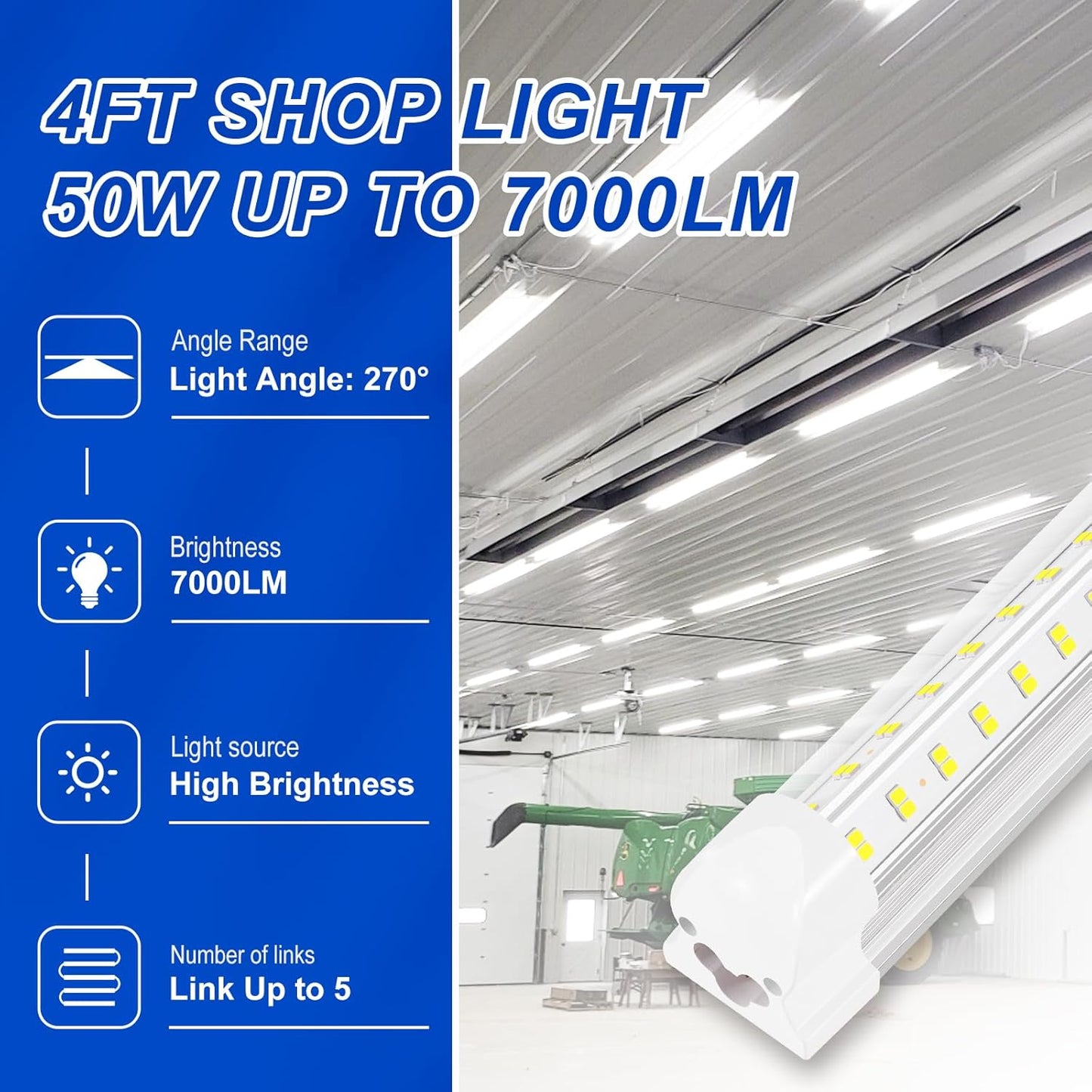 XLNYUUI Led Shop Lights,4FT LED Light 50W 6500K 7000LM Led Daylight,Garage Light Linkable Clear Cover Integrated V-Shape for Garage Warehouse Workbench Workshop(2-Pack)