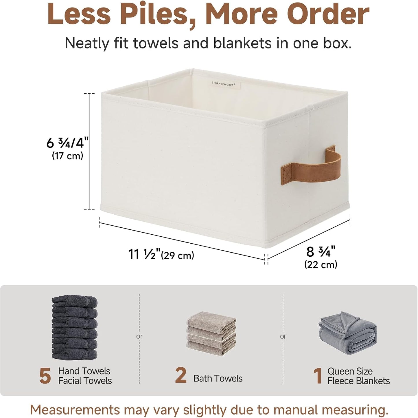 StorageWorks Closet Storage Bins with PU Handles, Ivory White, Small | Closet Organizer Storage Baskets for Shelves, Fabric Organization and Storage, Foldable Closet Organizer for Clothes