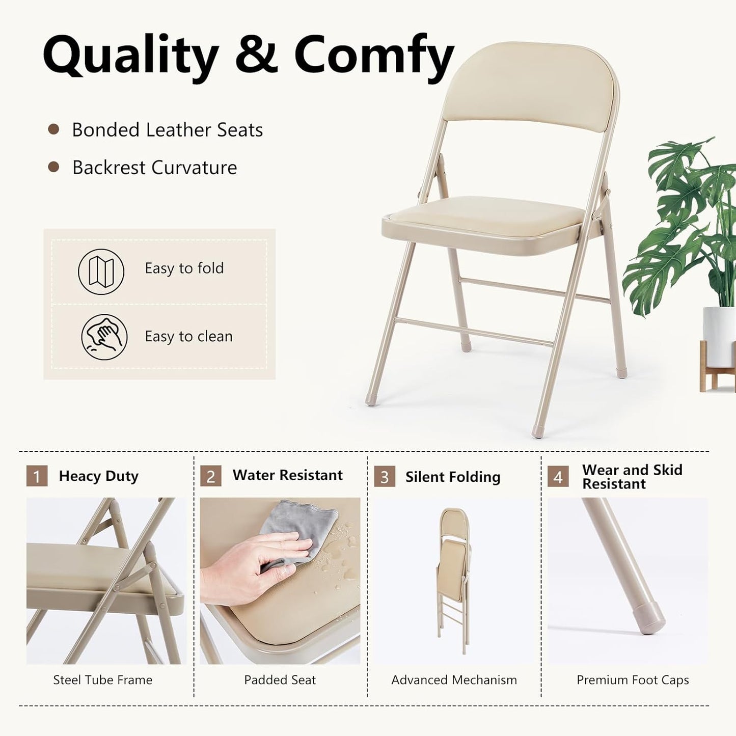 DUMOS 2 Pack Leather Padded Folding Chair, Indoor Outdoor Portable Stackable Commercial Seat with Steel Frame, Capacity for Home, Office, Party, Comfy, Kahki