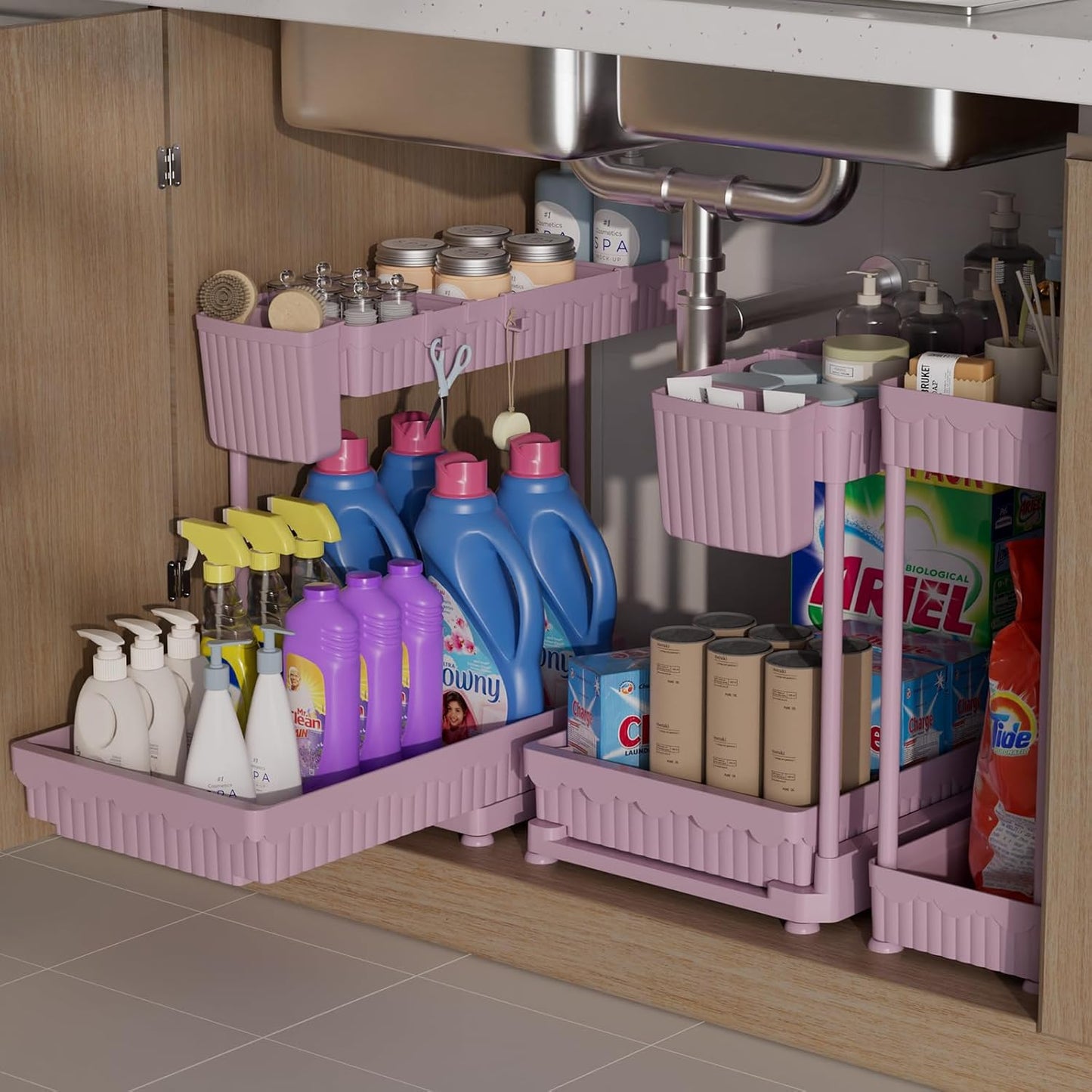 Sevenblue 3 Pack Multi-Purpose Pull-Out Storage Organizers, 2-Tier L-Shaped Under Sink/Cabinet Organizers and Storage for Bathroom & Kitchen,Pink,12.85 Inch