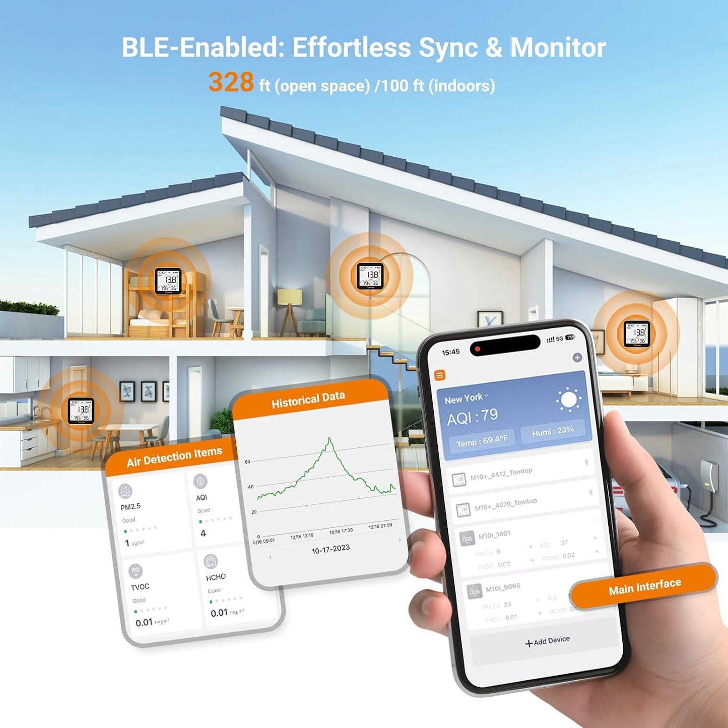 Temtop M10+ Indoor Air Quality Monitor & CO2 Meter for Home, 6-in-1 PM2.5 & VOC Detector, E-Ink Display, Battery Powered 60-Day Quiet Bedroom Air Pollution Monitor, App Temperature & Humidity Sensor