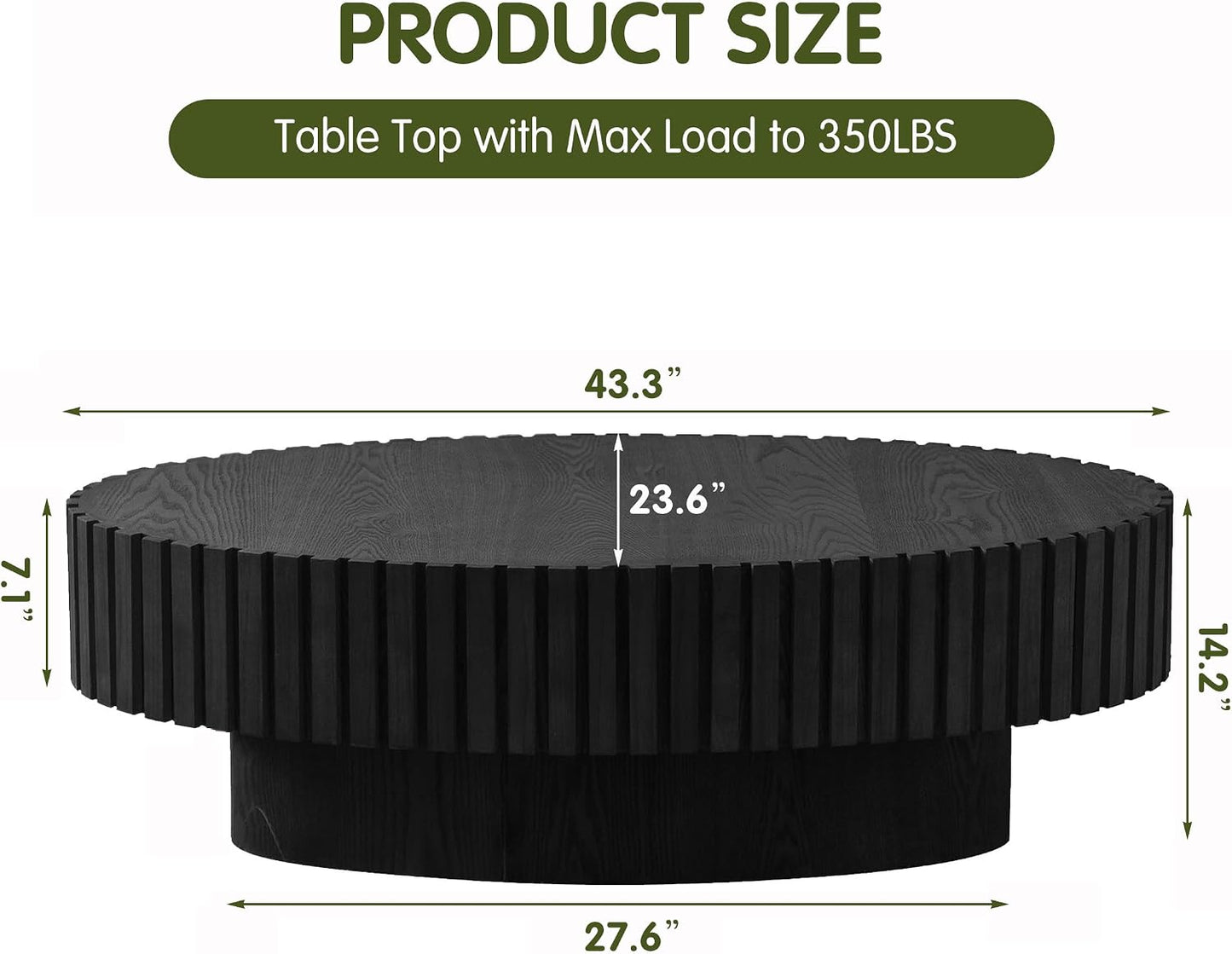 Black Oval Fluted Coffee Table for Living Room (43" Oval Black) | Handcrafted Relief, Wood Drum Coffee Table, for Office Outdoor