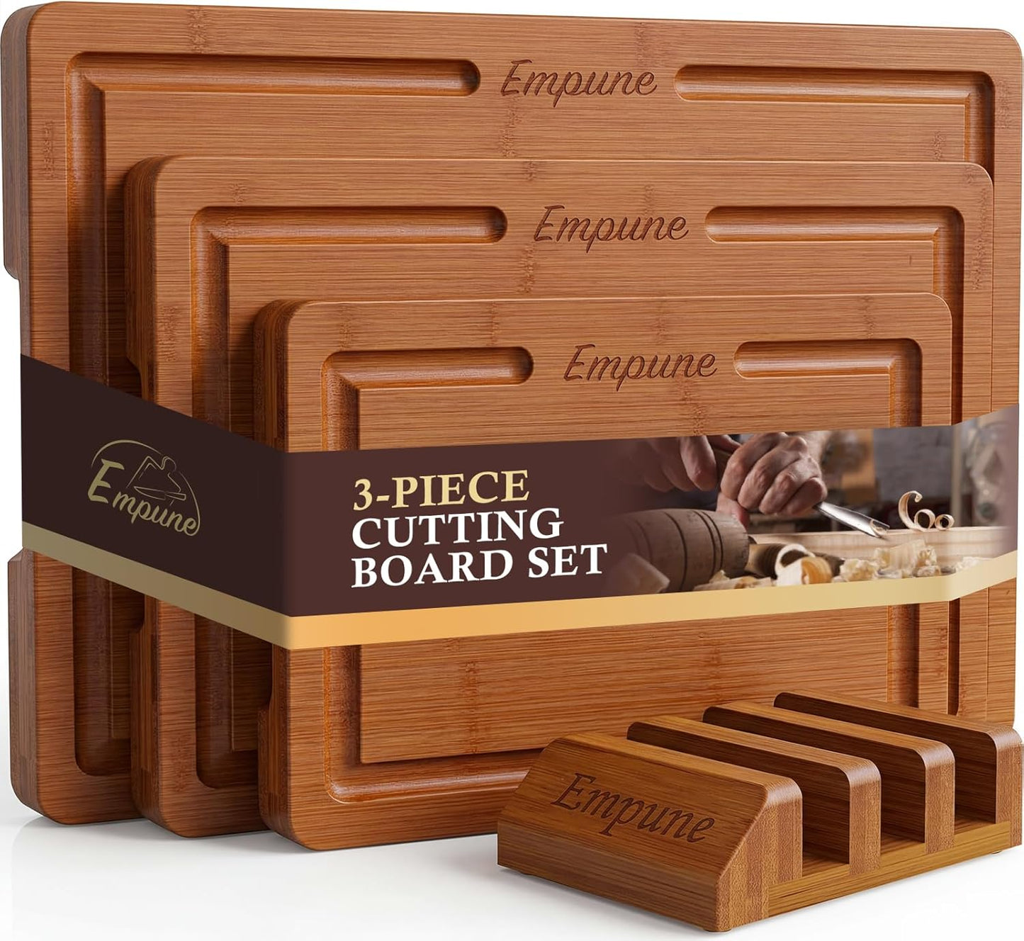 Empune Bamboo Cutting Boards for Kitchen, 3 Piece Extra Thick Cutting Board Set with Juice Groove, Deep Carbonized Bamboo Chopping Board, Reversible Wood Cutting Board for charcuterie boards, Brown