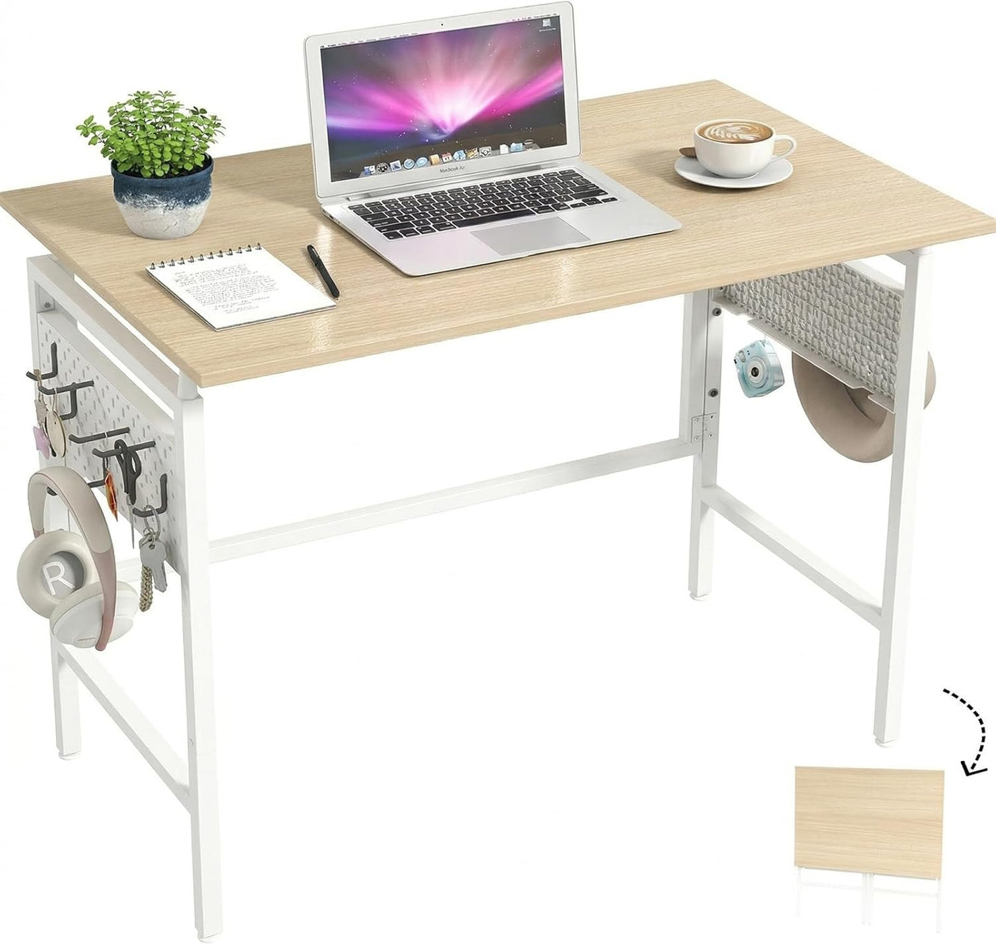 Hadulcet Folding Desk 40" Foldable Desk with Removable Pegboards | Easy Assembly Home Office Desk for Small Spaces, Study, and Apartment Living, Oak