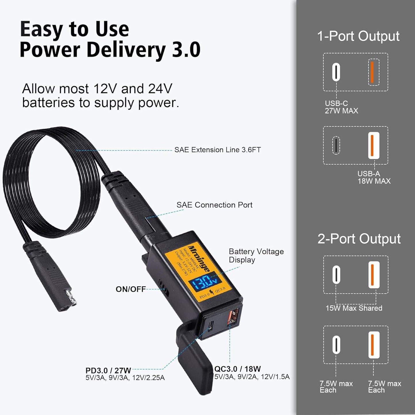 Mroinge Motorcycle USB-C Charger, SAE to USB Adapter, 27W Dual Port USB Fast Charger with Voltmeter/Ammeter and ON/Off Switch, Perfect for Phone, Tablet, GPS etc Charging