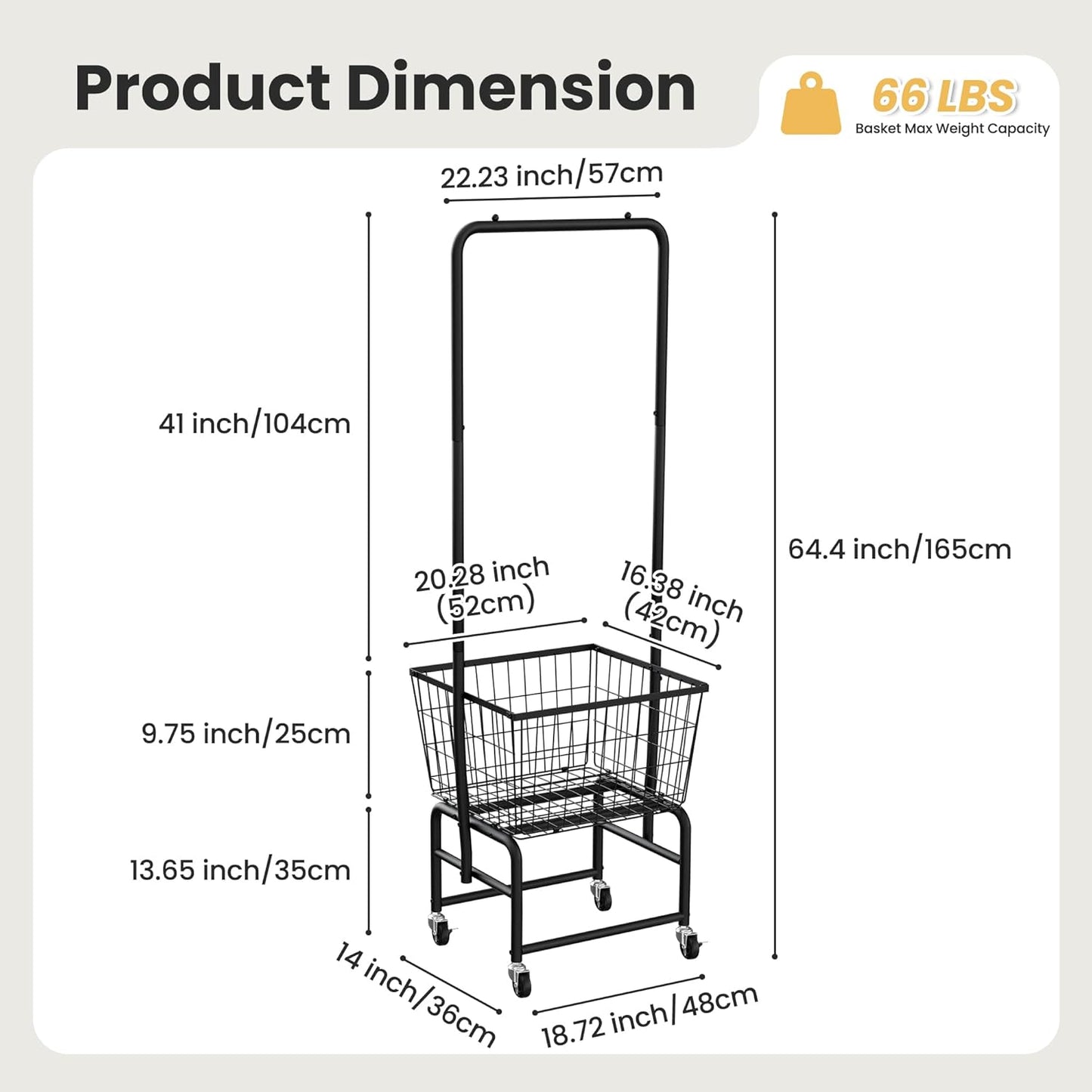 Rolling Laundry Cart with Wheels, Laundry Hamper Basket Organizer with Clothes Hanging Rack, Wire Storage Cloth Shelf Butler, Black