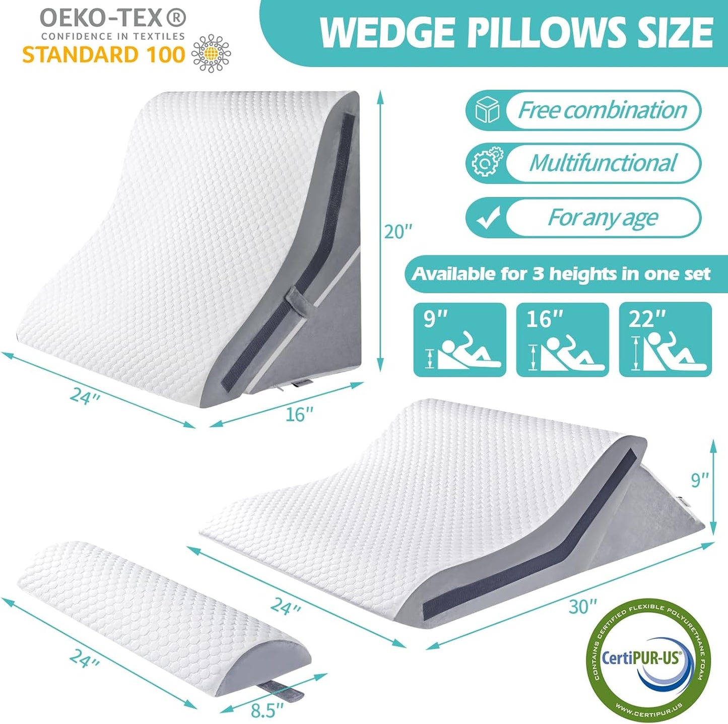 Wedge Pillow for Sleeping, Orthopedic Bed Wedge Pillow Set, 15-in-1 Adjustable Memory Foam Wedge Pillow Post Surgery, 9 &16 & 20 inch Height 3-in-1 Incline Pillows Wedges for Acid Reflux/Snoring