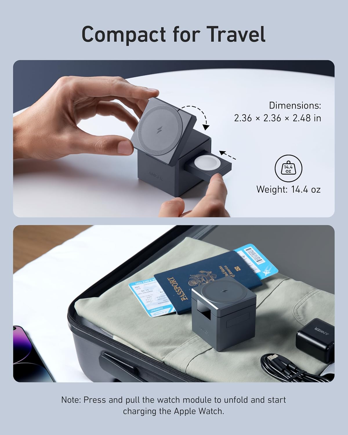 Anker 3-in-1 Cube Wireless Charger, MagSafe Charging Stand, 15W Foldable Fast Charging Station for iPhone 17/16/15, Apple Watch 1-8/Ultra, AirPods (Adapter Included, Non-Battery)
