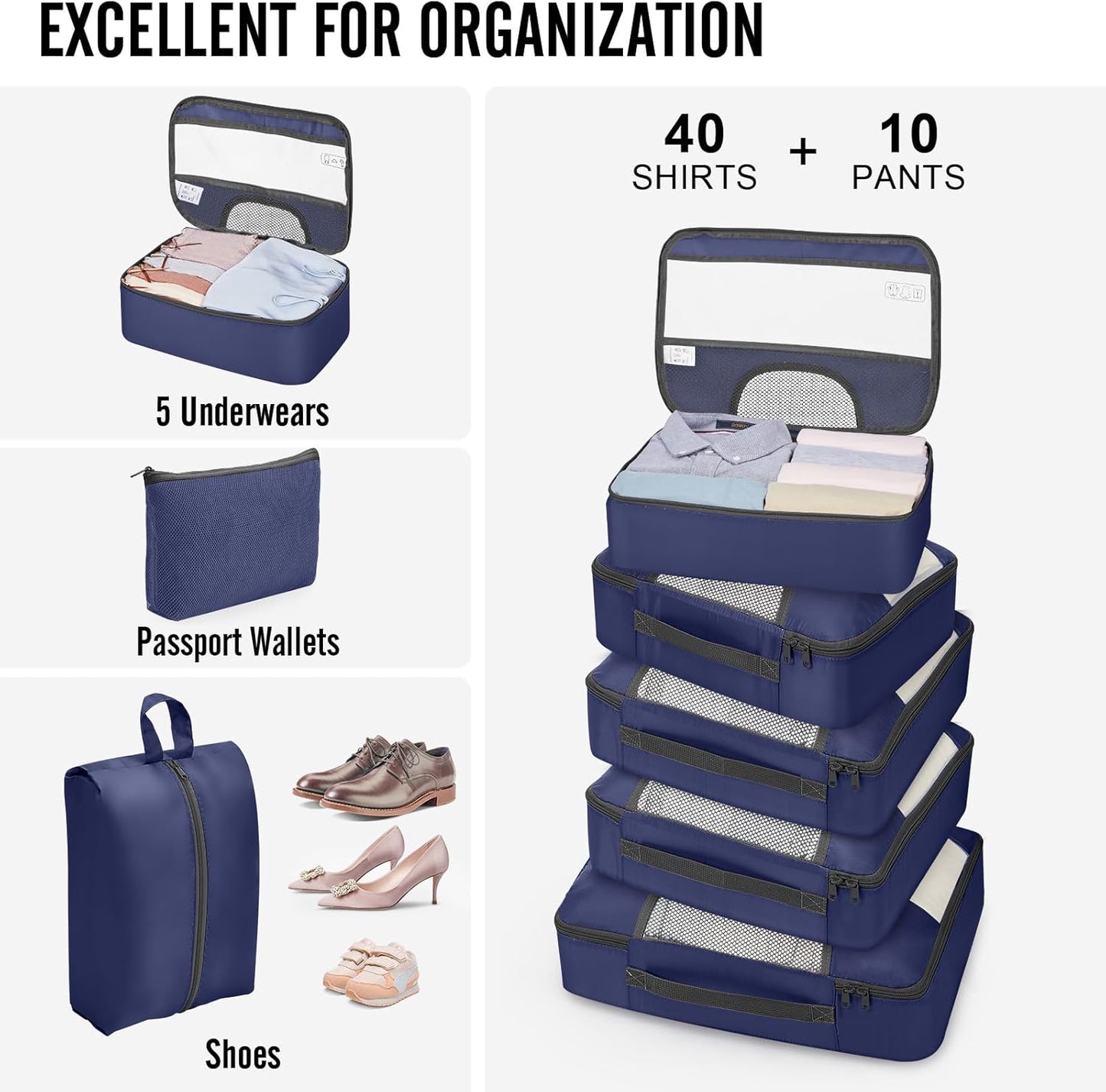 Veken 10 Set Packing Cubes for Travel Essentials,Anti-Wrinkle Buckled Suitcase Organizer for Shoe & Toiletry Bag,Carry On Luggage Bag for Airplane & College Dorm Room Accessories,Women Men Gifts