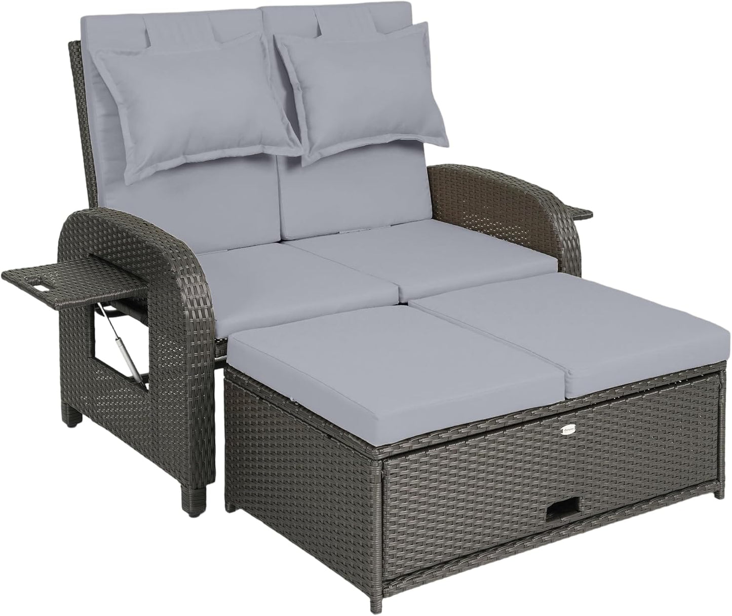 Outsunny Patio Rattan Daybed, Wicker Outdoor Daybed with Storage Ottoman, Loveseat Sofa with Adjustable Backrest, Side Tables, Cushions, Headrests, Double Sunbed Lounger for Balcony, Gray