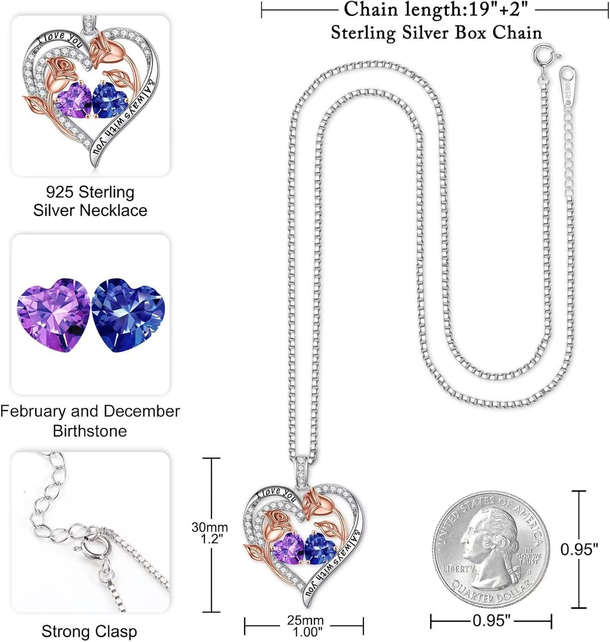 Iefil Birthstone Necklace for Women - Rose Heart Necklace