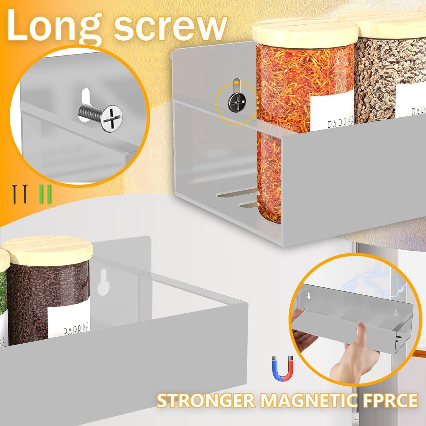 SMRCAD Magnetic Spice Rack Organizer for Fridge Seasoning Organizer for Kitchen storage with Screw Magnetic Shelf with Hook for Refrigerator and Oven (4pack1hook-Grey)