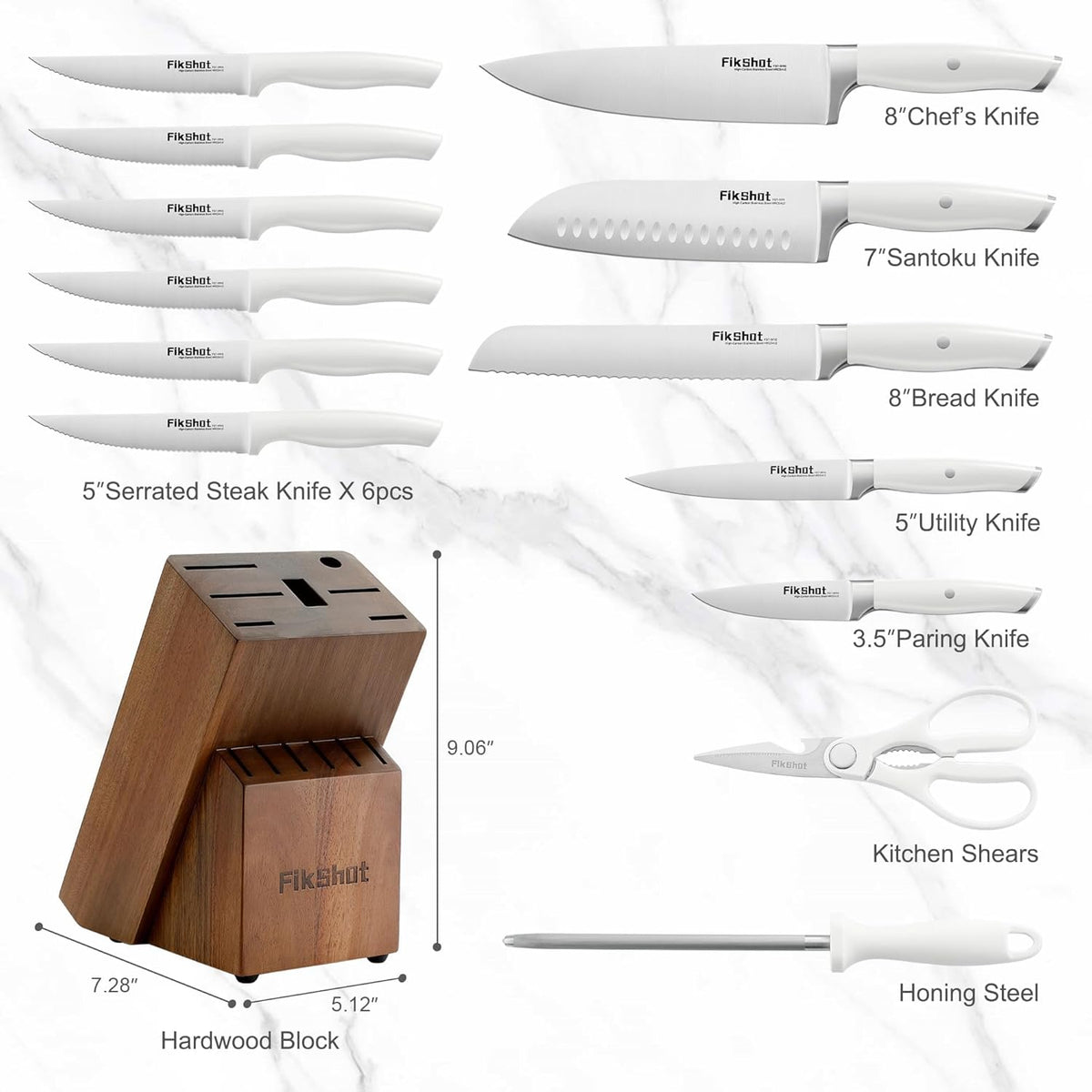 Fikshot 14-Piece Knife Set – German High Carbon Stainless Steel, Professional Chef Knives with Block & Sharpener, Elegant White, Dishwasher-Safe, Modern Kitchens, Ideal Gift for Chef & Father's Day
