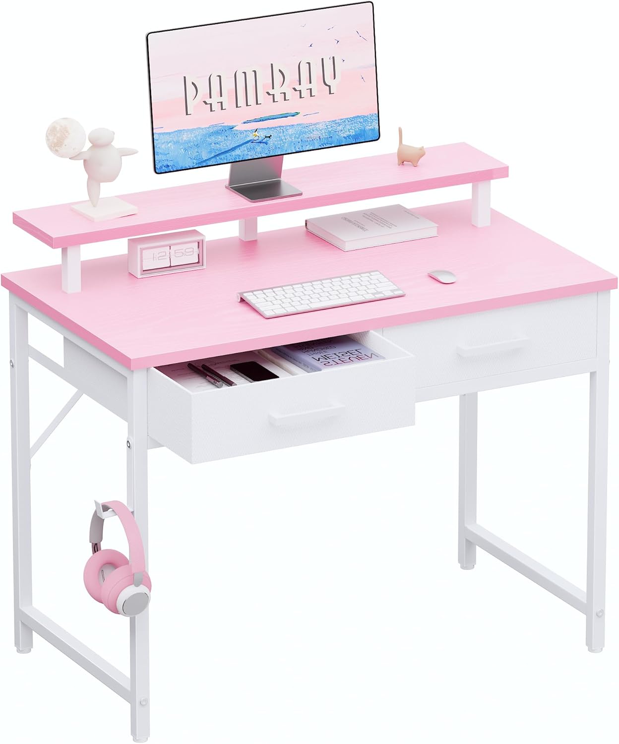 Pamray 32 Inch Small Computer Desk with Monitor Stand Home Office Desks with 2 Drawers for Bedroom Study Writing and Work Table for Small Spaces Pink