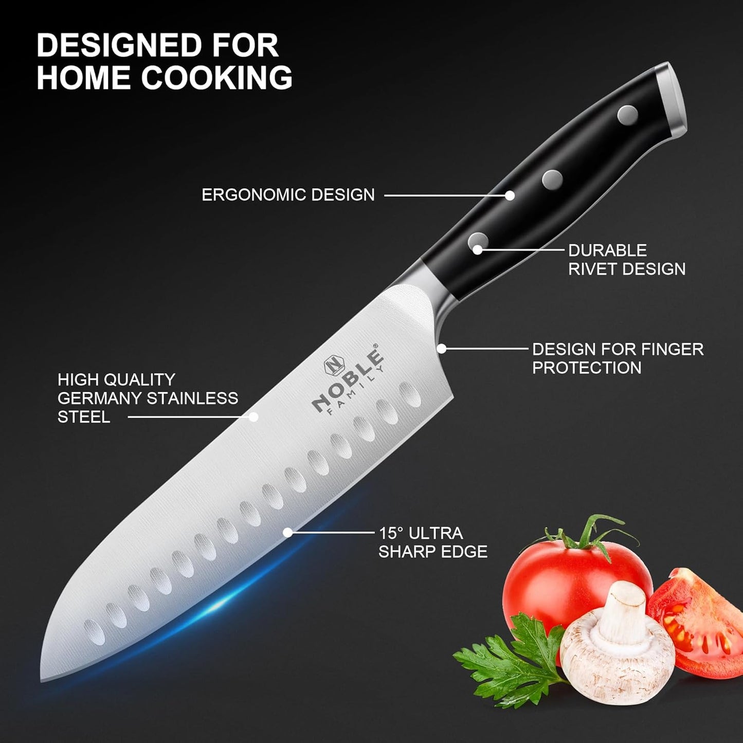Knife Set with Block, N NOBLE FAMILY 16Pcs Kitchen Knives Drawer Organizer Set with Sharpener, Cutting Board, Anti-Slip Chef Knives Set with 6Pcs Steak Knives, Black