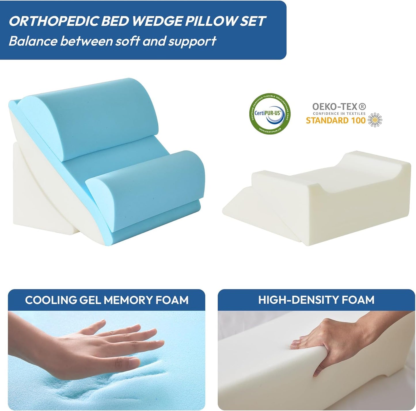 Ahpmeoa 6PCS Wedge Pillow Set for After Surgery, Bed Wedge Pillow Post Surgery, Bed Pillows for Sitting Up, Sleeping, Acid Relux, Memory Foam Back Pillow, Beds Wedges & Body Positioners, White/Grey