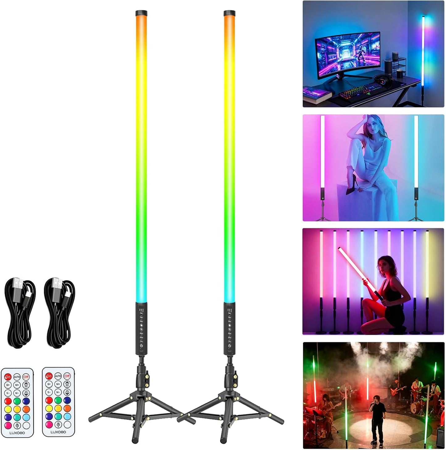 LUXCEO 2Pack 90cm RGB Tube Light Bar (3Ft) with Light Stand, 2.4G Remote Control, 5000 mAh Battery Powered LED Video Light Wand Stick for DJ Lighting, Dance Club and Photography Lighting