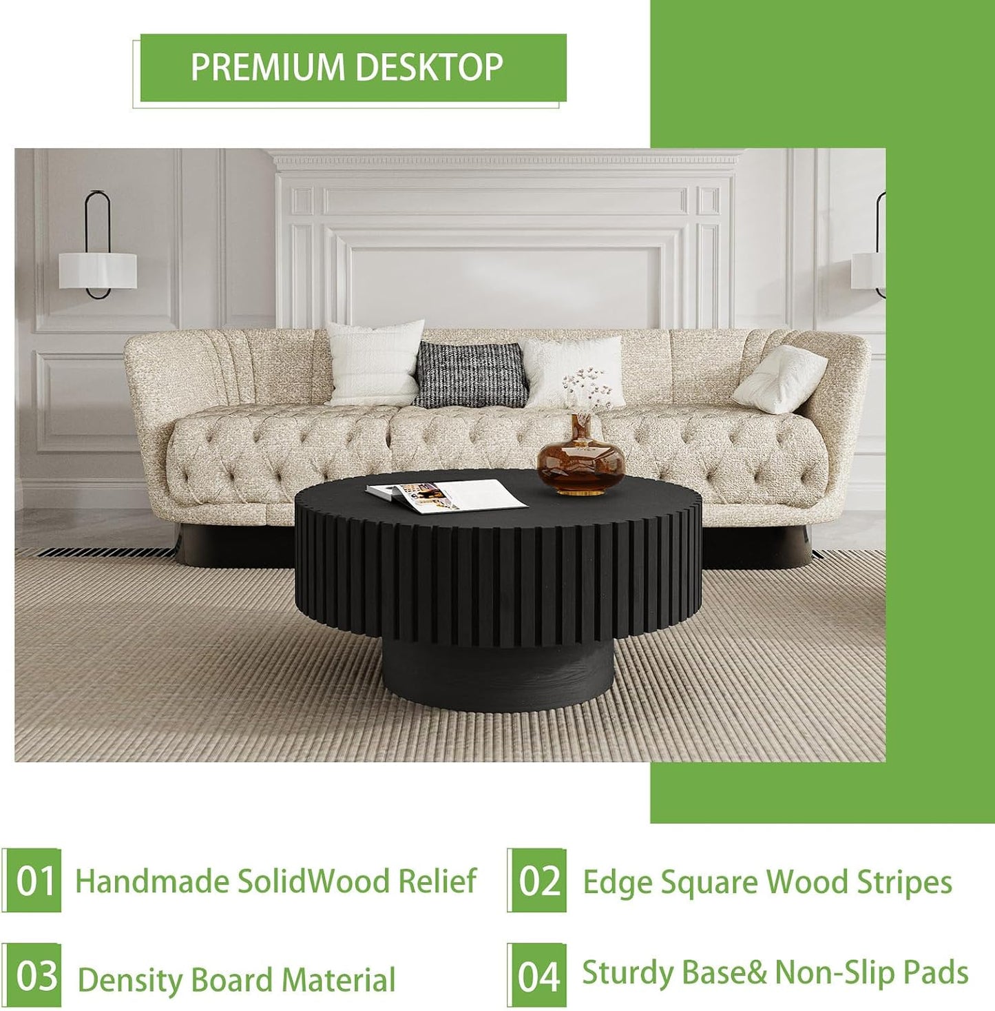 31.5" Modern Drum Coffee Table, Black | Unique Fluted Round Coffee Table, Contemporary Handcrafted Wood Tea Table for Living Room