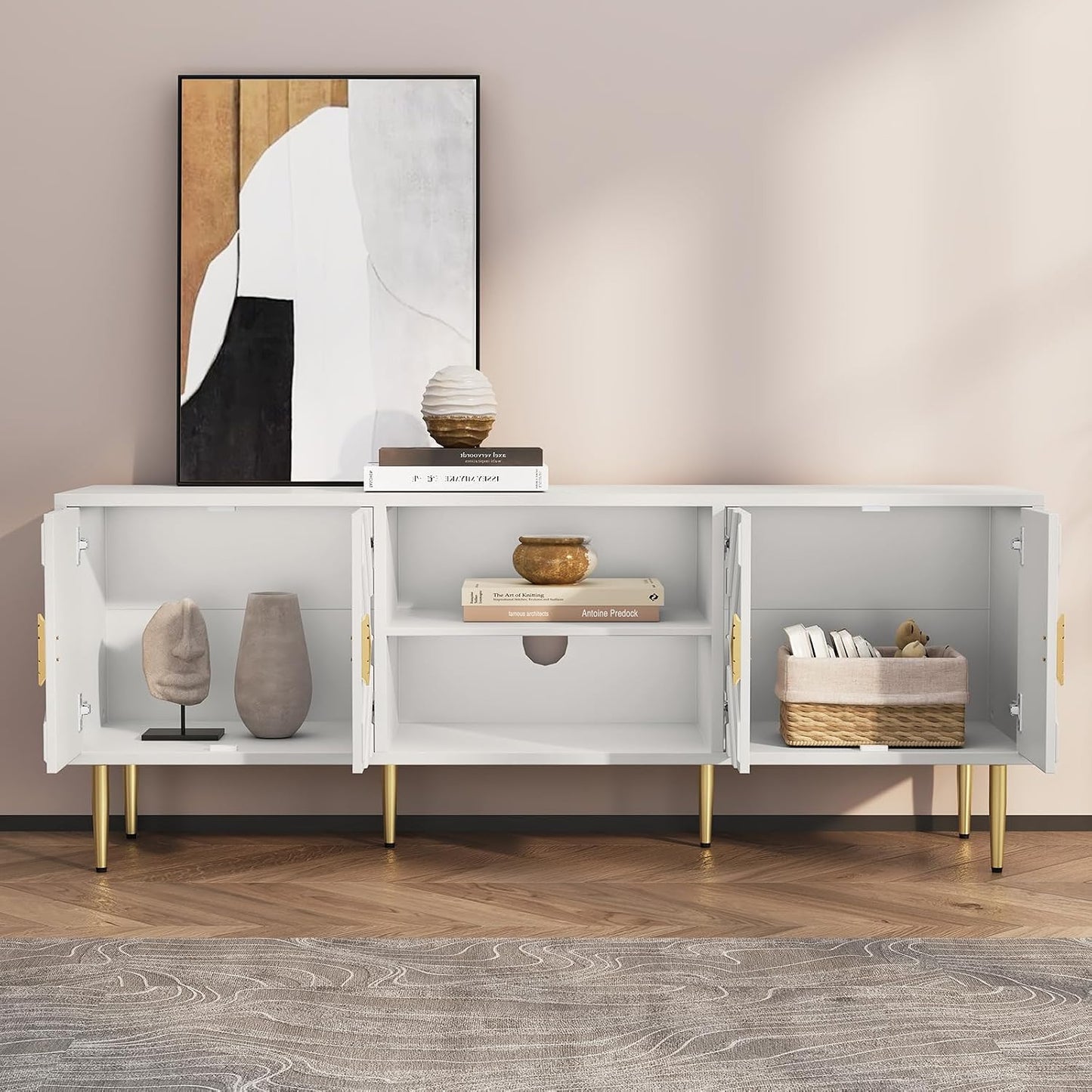 HLR 63'' White TV Stand for 65/70/75 inch TV, Entertainment Center with Storage Cabinets and Embossed Pattern Doors, Mid Century Modern Media TV Console Table for Living Room Bedroom