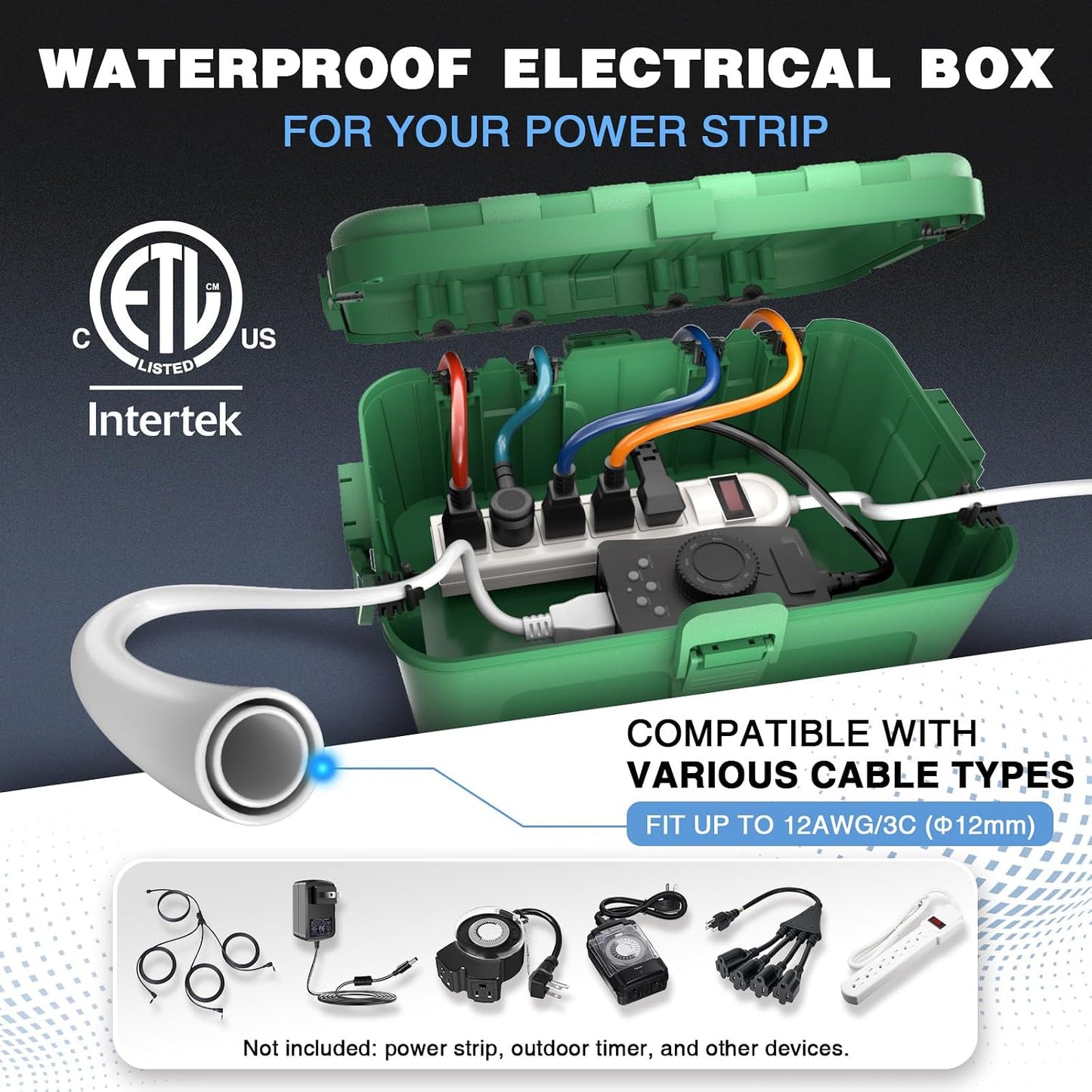 Flemoon Large Outdoor Electrical Box, Waterproof Extension Cord Cover | Inner Size 12 x 7.4 x 3.9 Inch, 6 Cable Entry Ports, IP54 Weatherproof Connection Box for Outlet, Timer, Holiday Light, Green