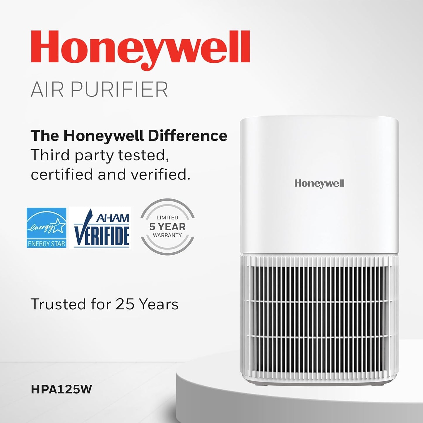 Honeywell Allergen Plus Compact Small Room HEPA Air Purifiers for Home, Up to 530 Ft² Coverage, 3-in-1 Filter, Pet Dander, Smoke & Odor Reducer Air Quality Sensor with Auto Mode, White, HPA125W