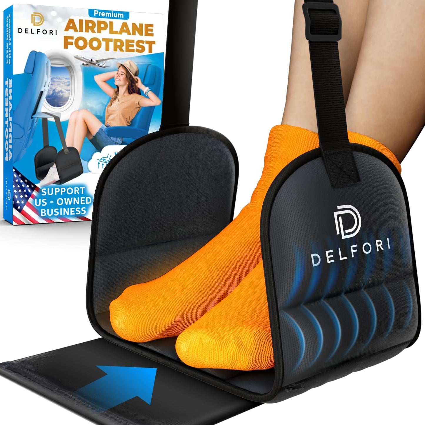 Portable Airplane Footrest for Airplane Travel - Comfortable Foot Hammock w/Memory Foam & Hardboard for No Feet Clashing - Ideal for Pain and Swelling Relief - Travel Essentials to Relax Your Feet