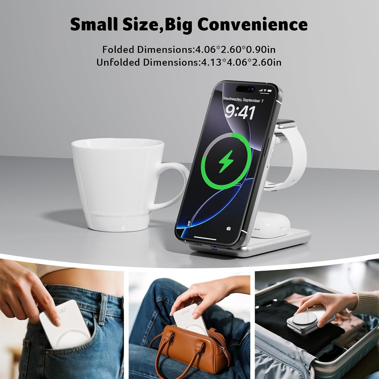 Acer 3 in 1 Charging Station for iPhone, Wireless Charger Stand,15W Fast MagSafe Charger for iPhone 17 16 15 14 13 12 Series-Apple Watch 11 10 9 8 7 6 5 4 3 2 SE and Ultra Series-Airpods 4 3 2 Pro