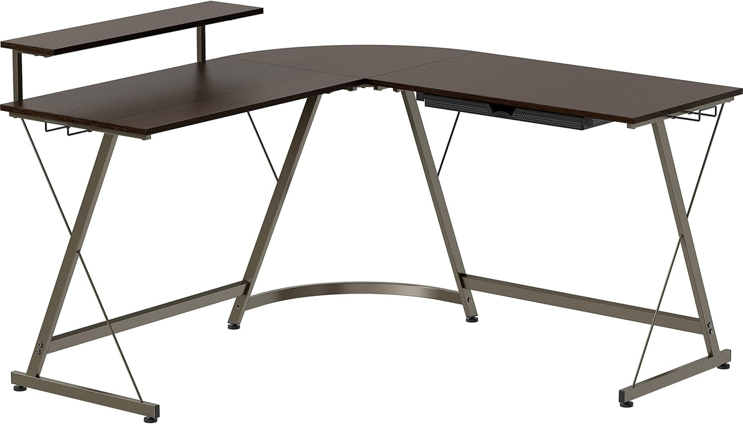 SHW 51 x 51 Inches Vista L-Shaped Desk with Monitor Stand and Drawer, Espresso