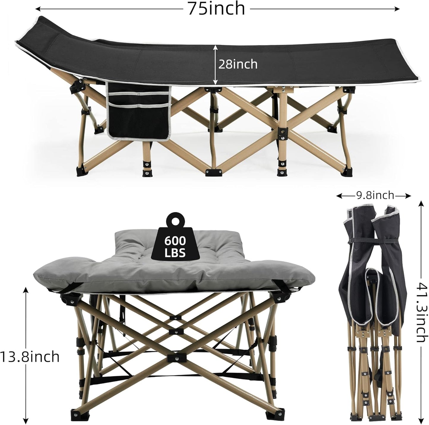 Fragess Portable Camping Cot, 600LBS Max Load, Extra Wide with Thick Mattress, Folding Cot for Outdoor Camping/Office, Home Nap (Grey)