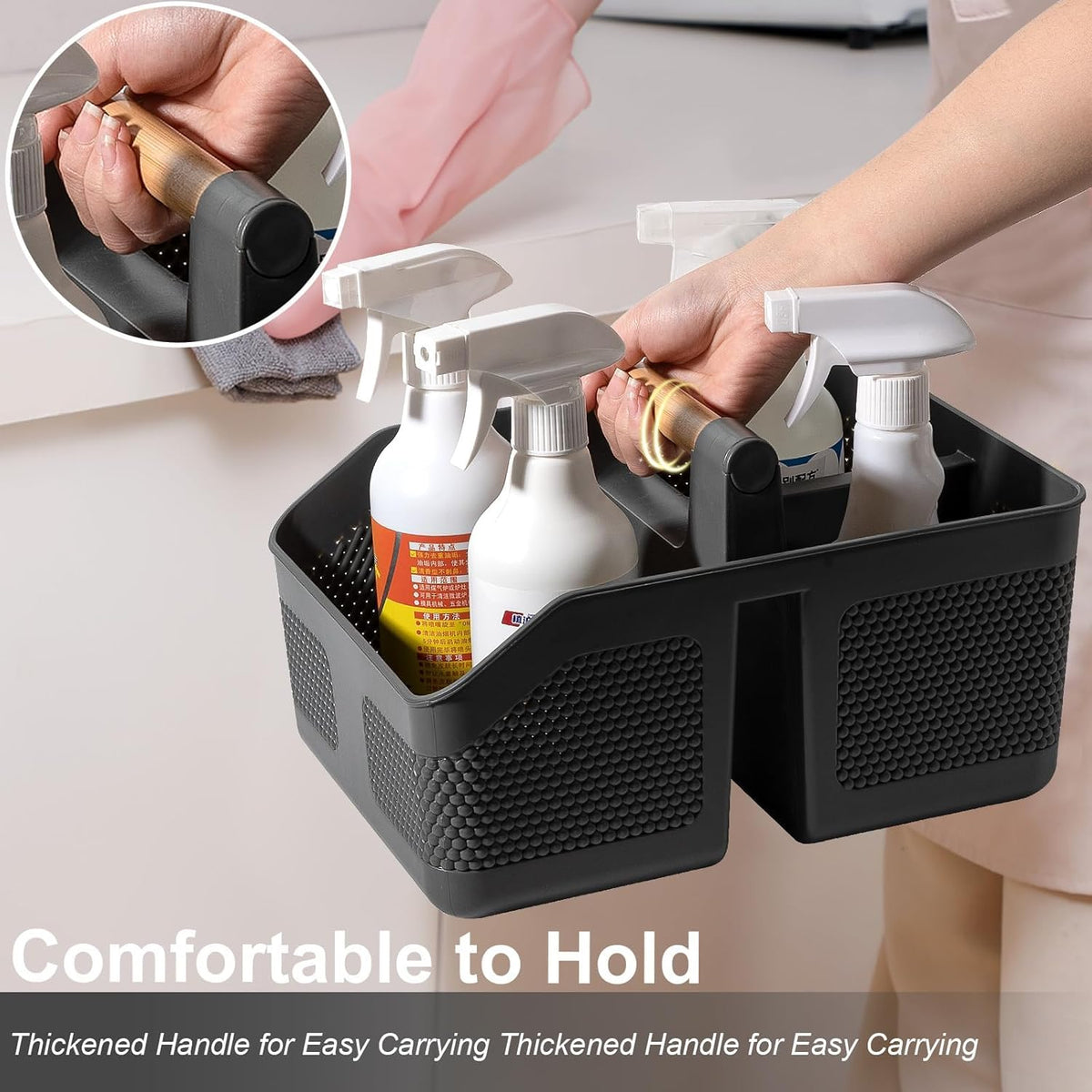 rejomiik Shower Caddy Portable with Bamboo Handle, Plastic Basket Cleaning Caddy Organizer Storage Tote for Bathroom, College, Dorm Room Essentials, Dark Gray