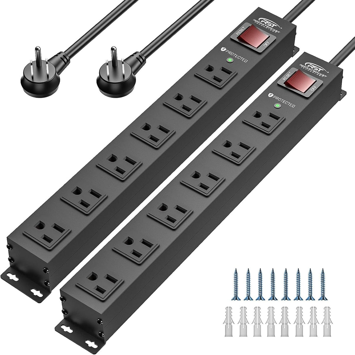 CRST 2Pack 6 Outlet Heavy Duty Power Strip with Switch 15A/1875W, 6FT Cord