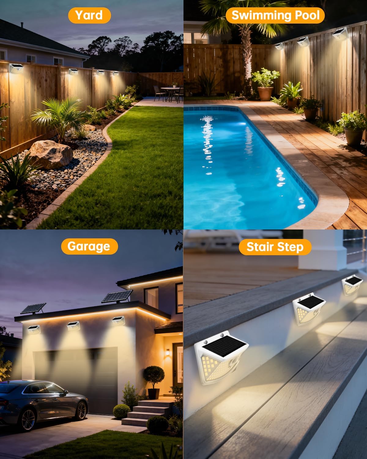 Aootek New Solar Motion Sensor Lights 120 LEDs with Lights Reflector,270° Wide Angle, IP65 Waterproof, Step Lights for Front Door, Yard, Garage, Deck (White, Warm White, 4-Pack)