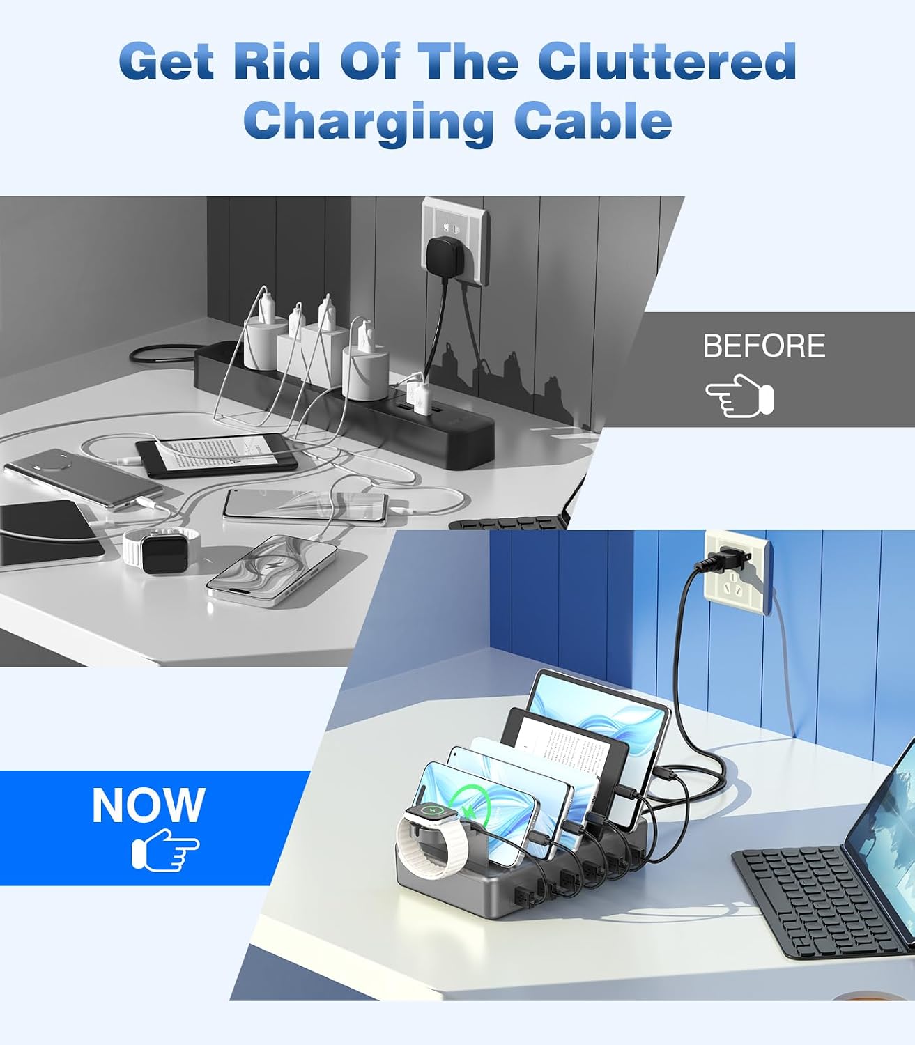 50W Fast Charging Station, 6 Port Charging Station for Multiple Devices | Compatible with iPhone,iPad, Tablet,Kindle ect,with 6 Short Cables and Apple Watch Holder（Space Gray）