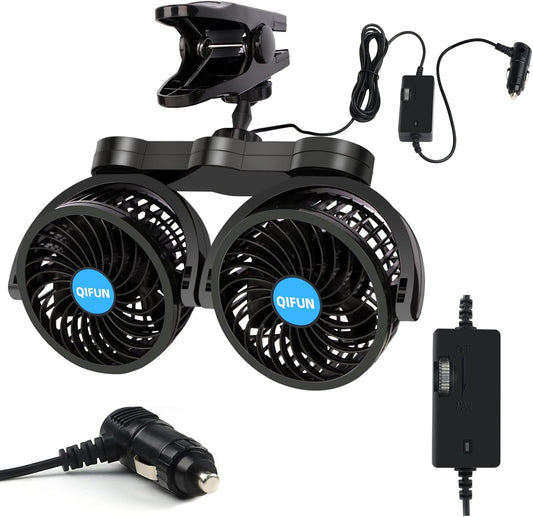 QIFUN Car Fan Adjustable Dual Head 12V 360° Rotatable 4 Inches Car Clip Fan for Front/Rear Seat Passenger Car Essentials Cooler with Stepless Speed Regulation for Vehicle SUV, RV