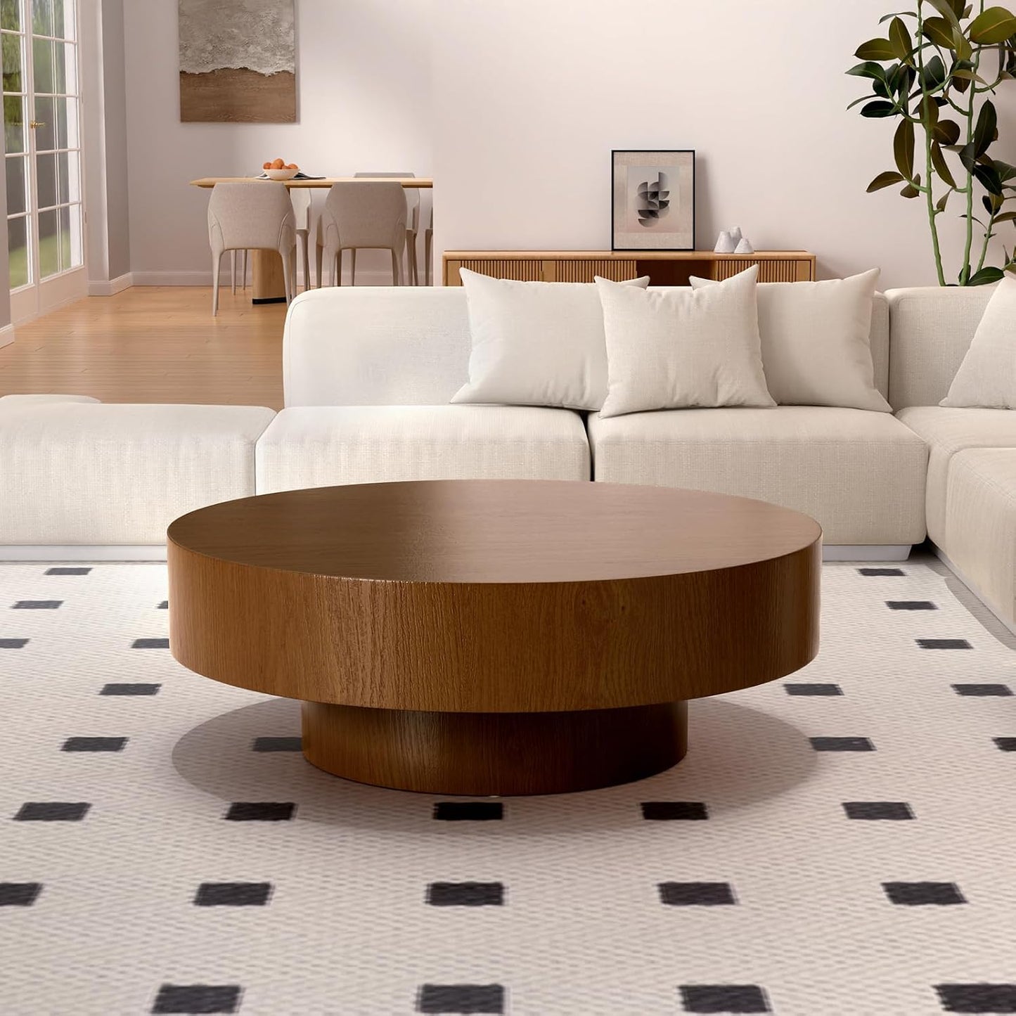 Modern Drum Round Coffee Table Wood for Living Room (D39.37IN) | Mid Century Aesthetic Low Coffee Tables with Wood Pattern Decal and Sturdy Pedestal, for Apartment Small Space