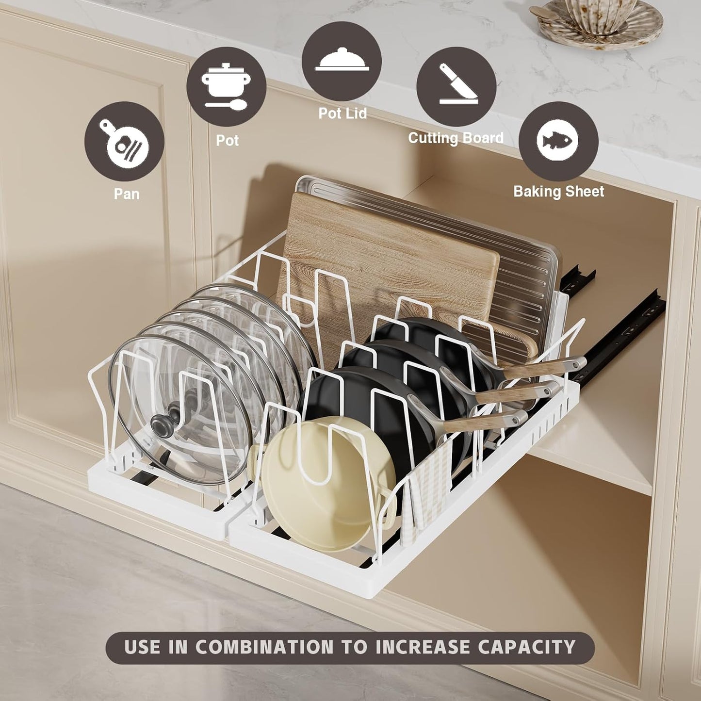 Magheo 2 Pack Pots and Pans Organizer Under Cabinet, 22" Deep Expandable Pull Out Pot Lid Organizer and Storage with 10 Adjustable Dividers No Drill Pot and Pan Holder Rack with Handle Bracket(White)
