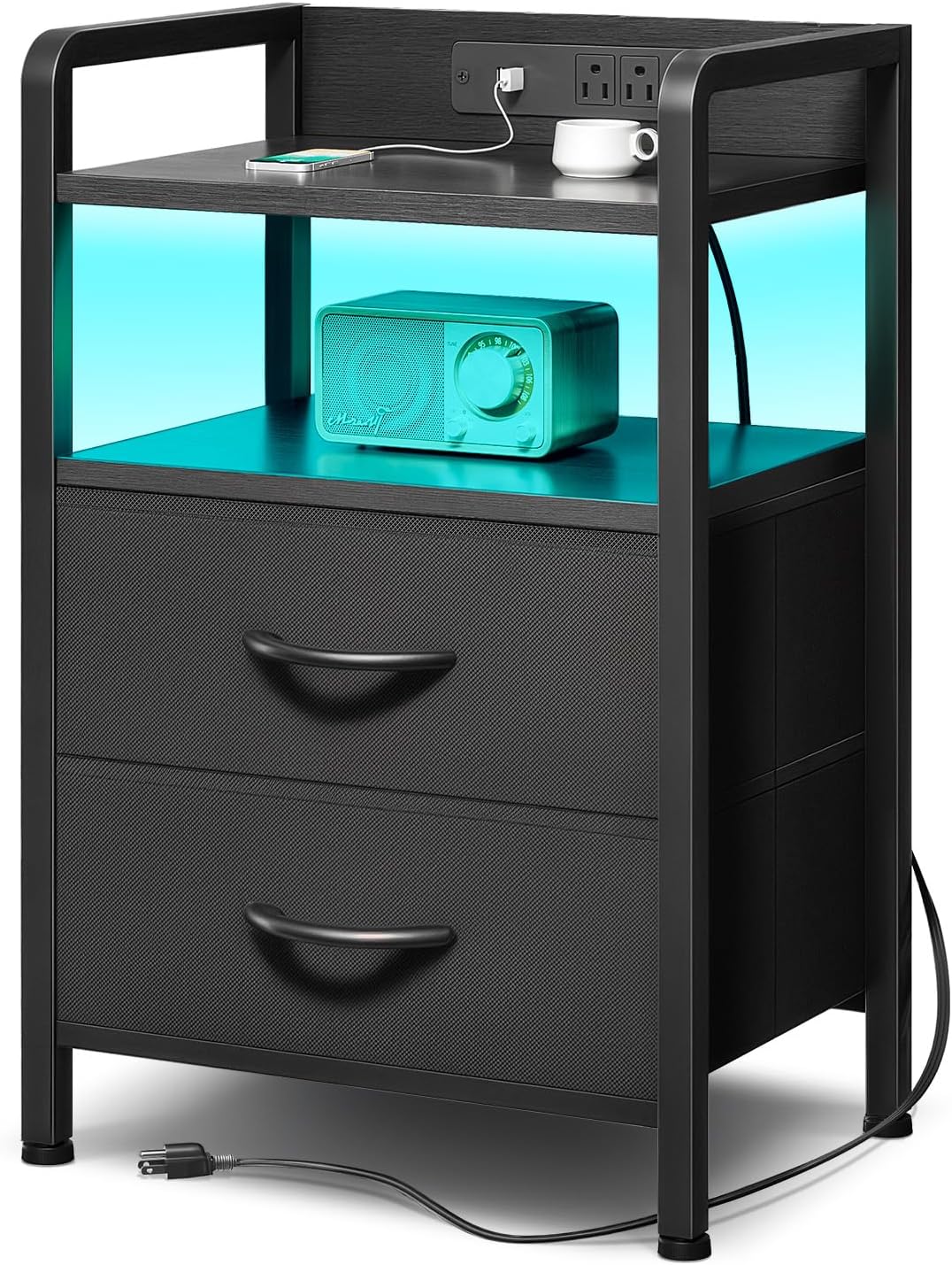 Lazzanto Night Stand Bedside Charger Bedroom - Nightstand with Charging Station & LED Light Strip, Night Stand with Storage Shelf & 2 Fabric Drawers, Morden End Table with U-S-B Ports & AC Outlets