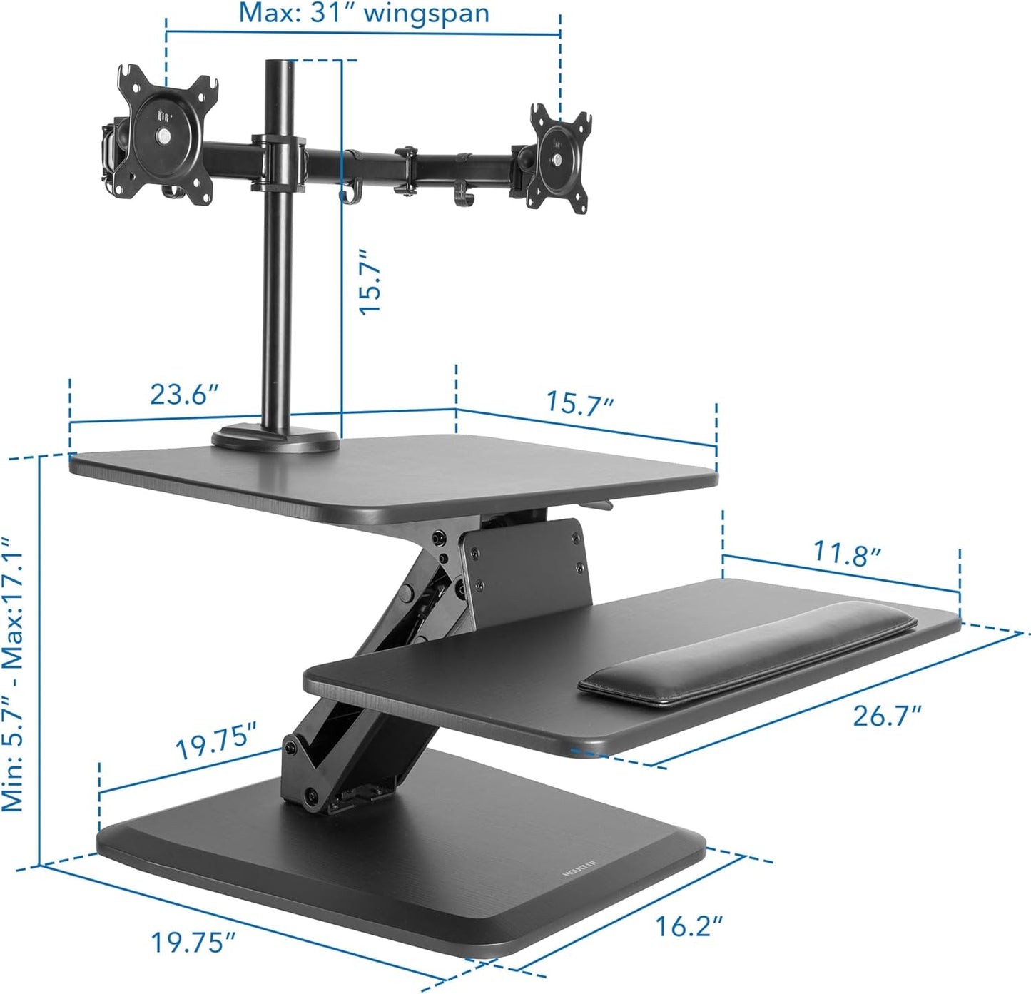 Mount-It! Standing Desk Converter, Stand Up Desk Riser with Dual Monitor Mount, Adjustable Workstation in Black, Top Platform 23" Wide, Keyboard Mouse Tray 27" Wide, Raises 5" to 17" Tall