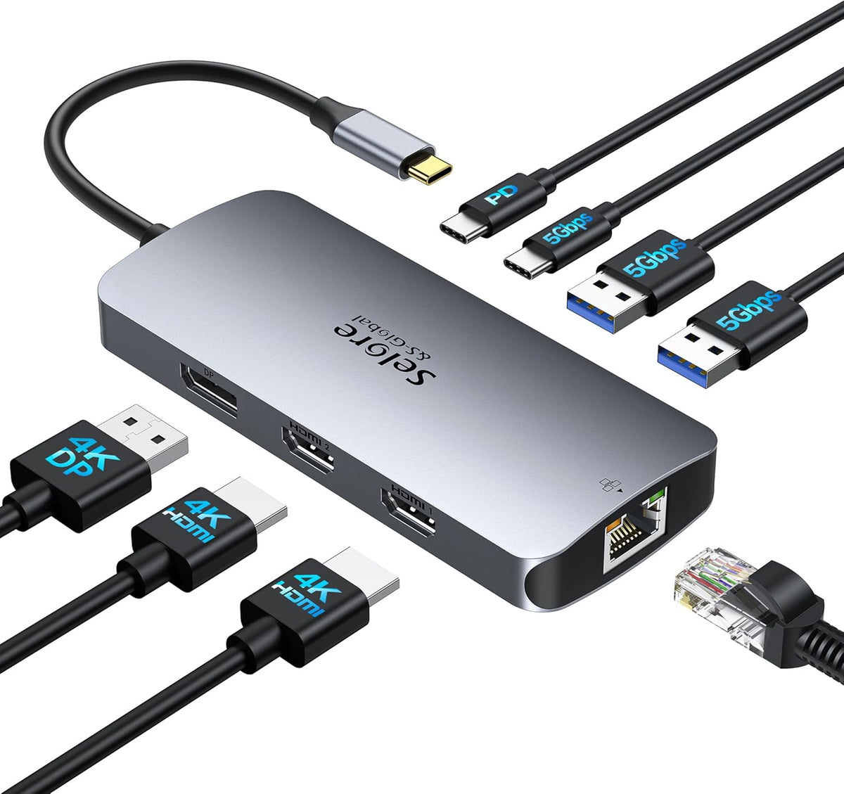 USB C Docking Station Dual Monitor, Selore Docking Station 3 Monitors Triple 4K Display with 2 HDMI, DisplayPort, 1Gbps Ethernet, 100W PD Charging, USB 3.0 Ports Adapter for Dell, HP, Lenovo,etc
