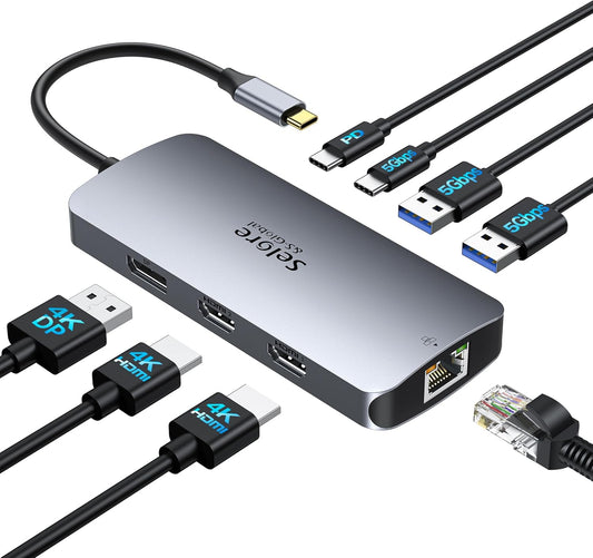 USB C Docking Station Dual Monitor, Selore Docking Station 3 Monitors Triple 4K Display with 2 HDMI, DisplayPort, 1Gbps Ethernet, 100W PD Charging, USB 3.0 Ports Adapter for Dell, HP, Lenovo,etc