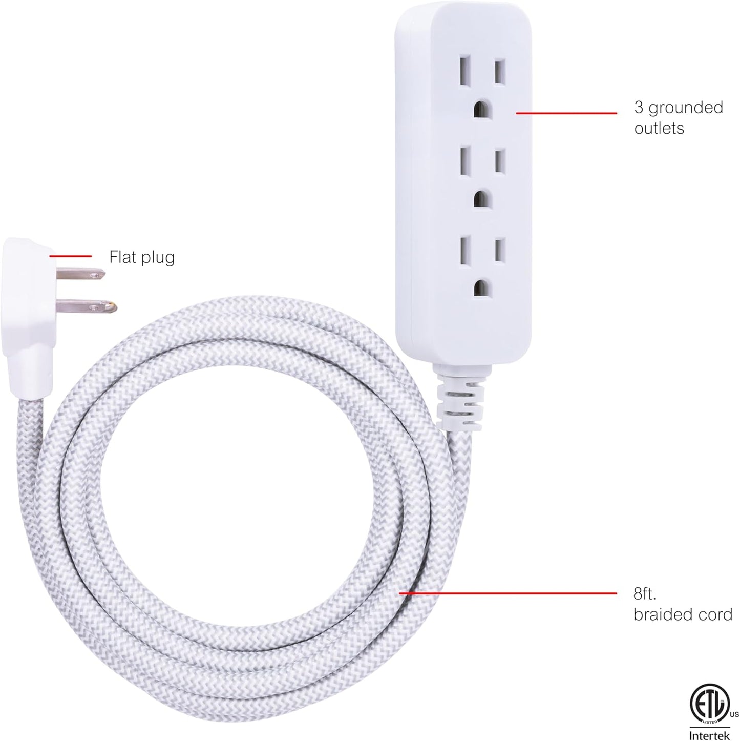 GE 3-Outlet Power Strip 8 Ft Braided Extension Cord with Multiple Outlets Grounded Flat Plug ETL Listed White 38433
