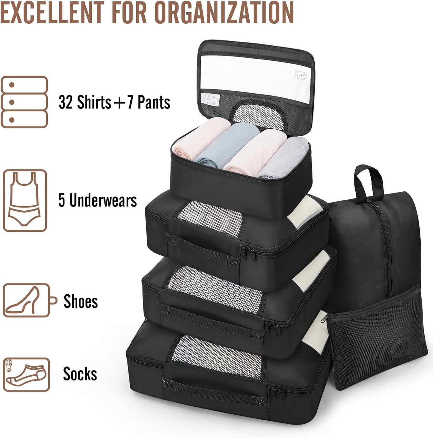 Veken 10 Set/8 Set Packing Cubes for Travel Essentials,Anti-Wrinkle Buckled Suitcase Organizer for Shoe & Toiletry Bag,Carry On Luggage Bag for Airplane & College Dorm Room Accessories,Women Men Gifts