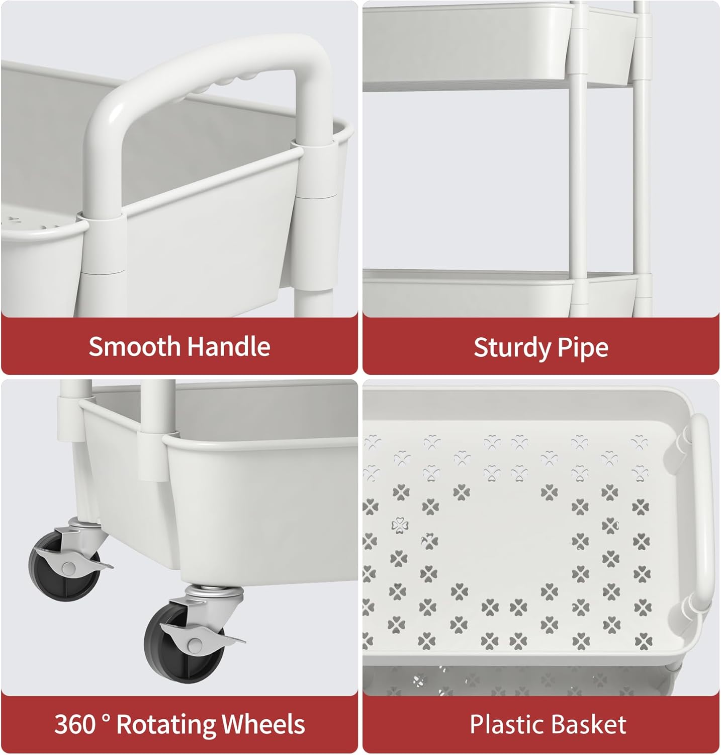 Sywhitta 3-Tier Plastic Rolling Utility Cart with Handle, Multi-Functional Storage Trolley for Office, Living Room, Kitchen, Movable Storage Organizer with Wheels, White
