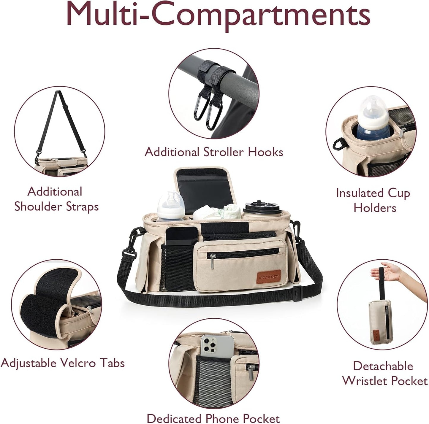 Momcozy Universal Baby Stroller Organizer, 2 Insulated Cup Holder, Detachable Zippered Pocket, Adjustable Shoulder Strap, Large capacity for baby essentials, Compact Design Fits Any Strollers
