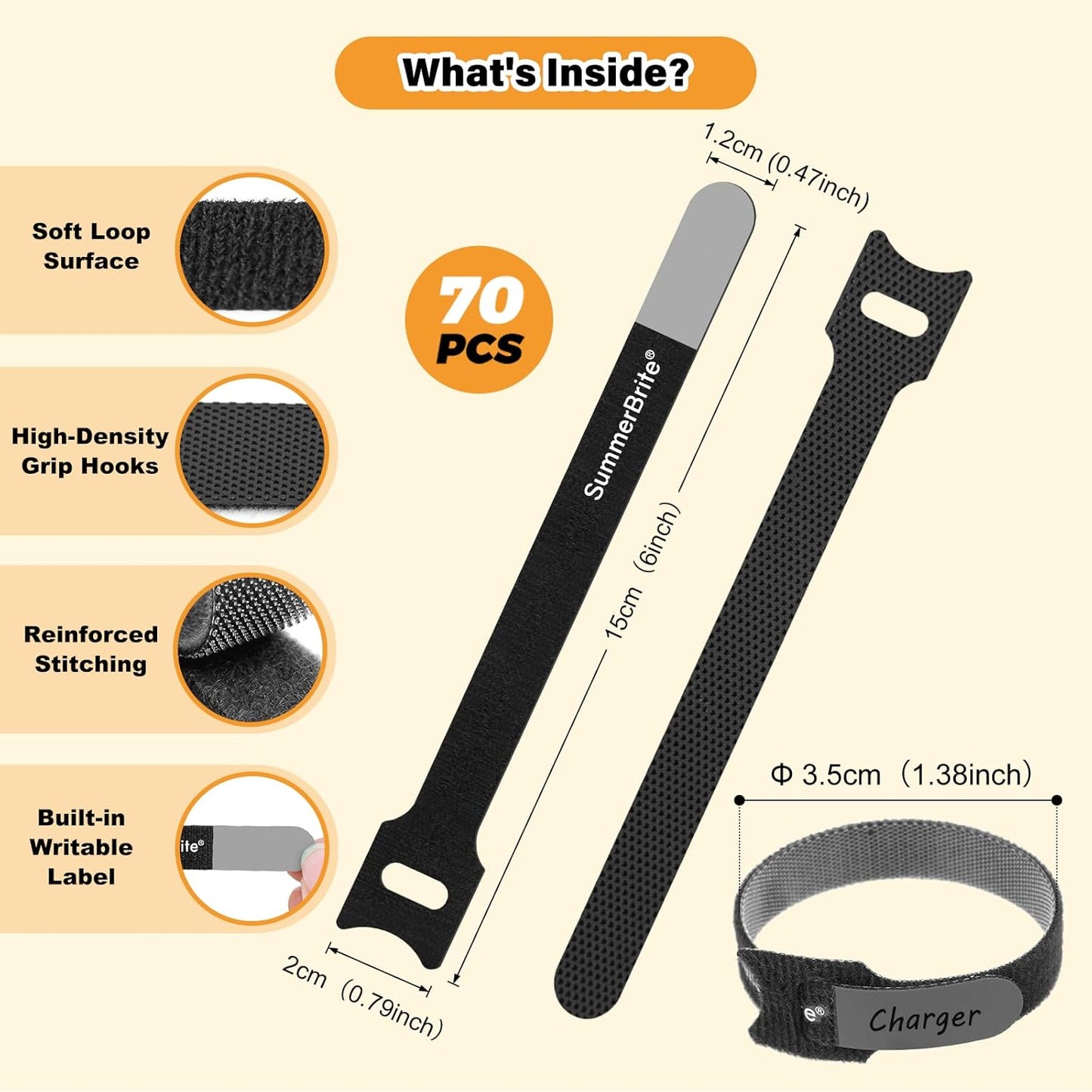 SummerBrite 70 Pack Black Cable Ties 6 Inch with Writable Labels, Reusable Cable Management Straps, Hook and Loop Cord Organizer for Home Office, PC Desk Setup, Electronics & Travel Wire Management