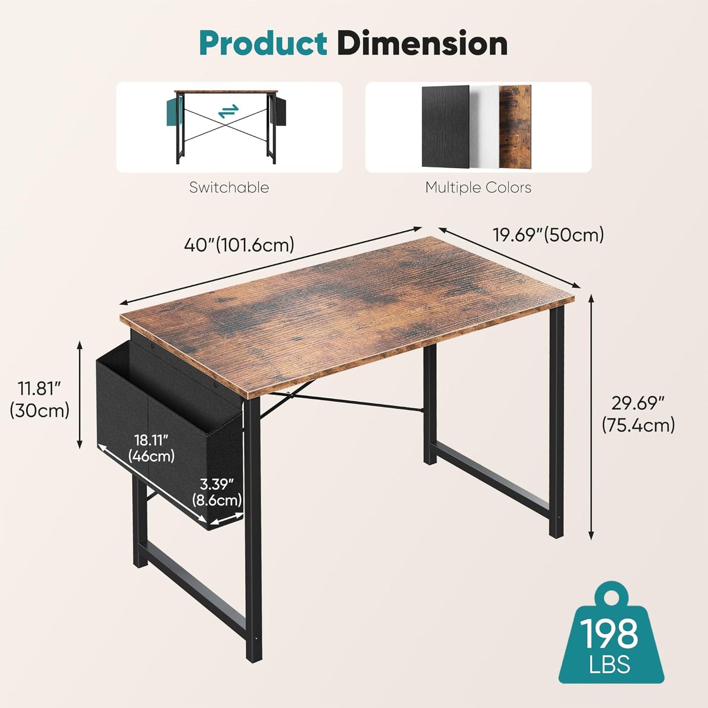 OLIXIS Computer Desk 40 Inch Home Office Desks for Small Spaces, Gaming Writing Study Work Table with Storage Bag and Headphone Hook for Bedroom, Rustic Brown