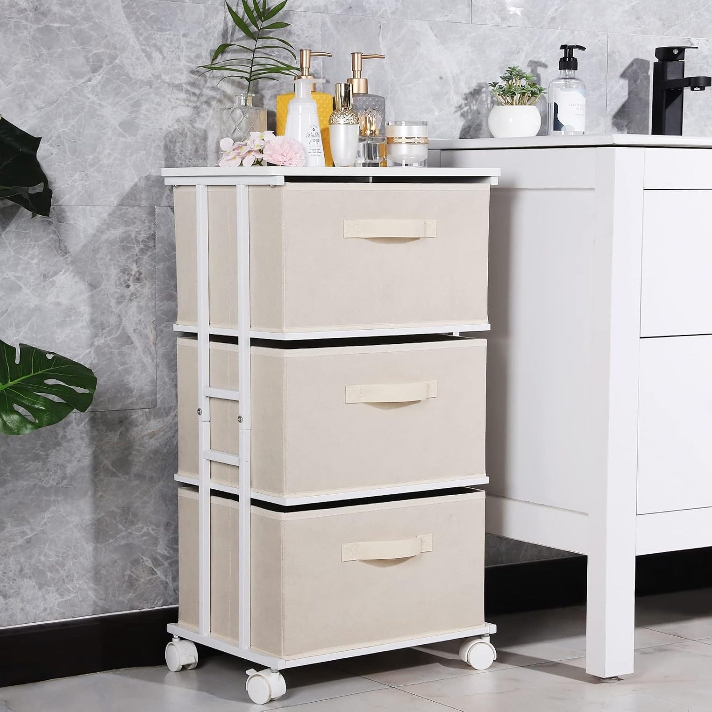 MAX Houser Dresser Tower with 3 Drawers for Bedroom, Fabric Storage Organizer Unit, Chest of Drawers with with WoodTop, Small Vertical Storage for Guest Room, Closet, Entryway, Nursery(Beige)