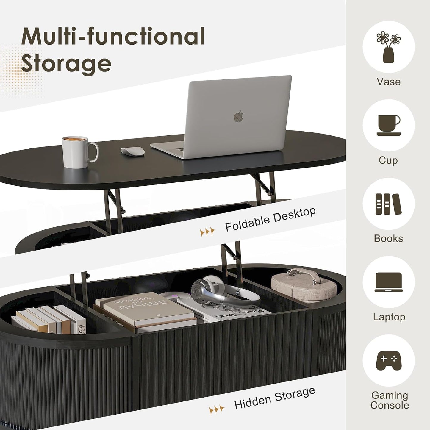 LYNCOHOME Fluted Lift Top Coffee Table with Storage,Modern Oval Coffee Table for Living Room or Home Office(Black)