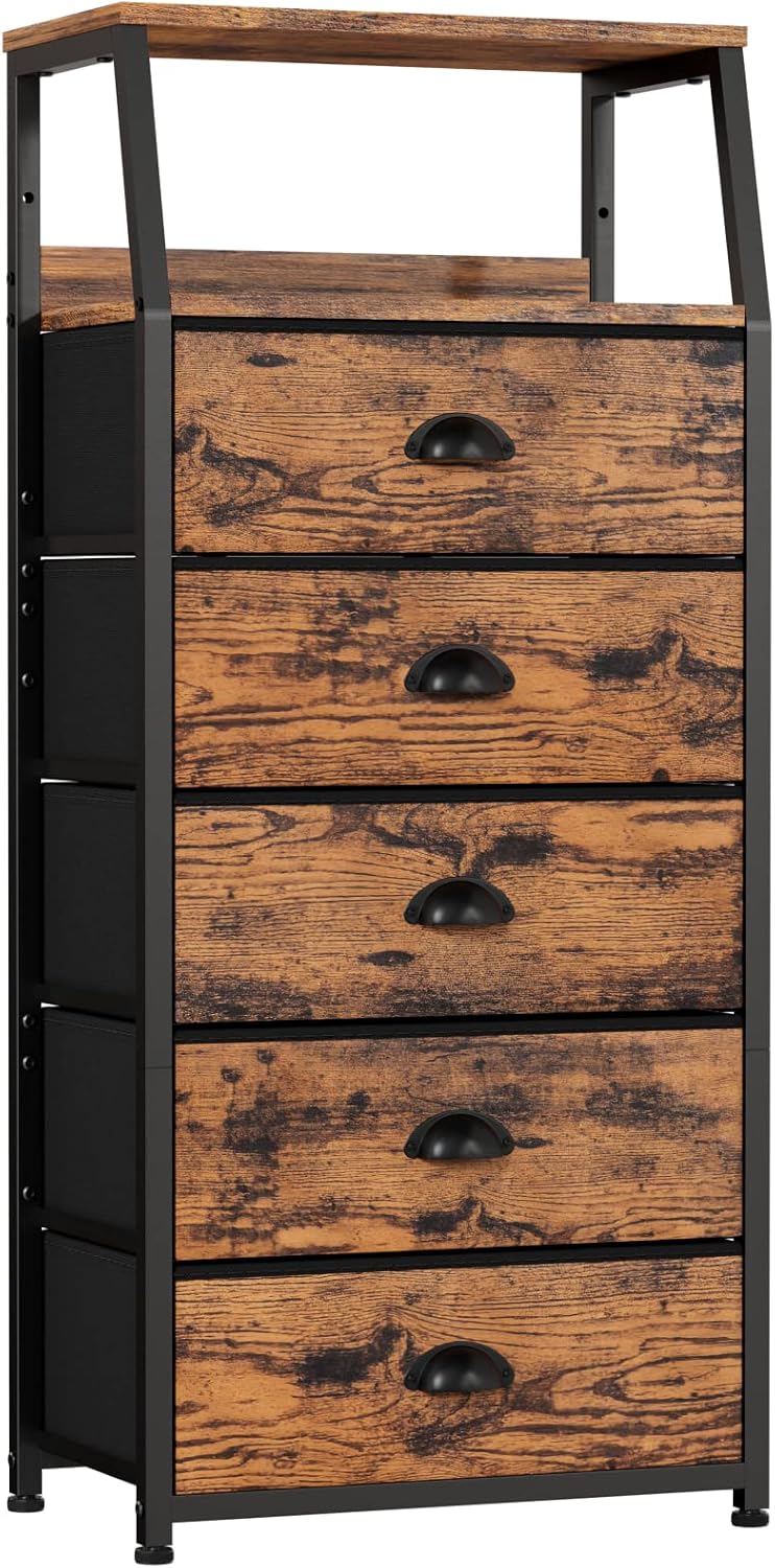 Furnulem Dresser for Bedroom, 5 Drawers Tall Nightstand, Chest of Drawers